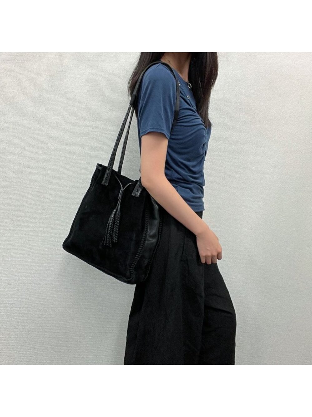 Prada Tassel Drawstring Shoulder Bag Suede Leather Black Vintage